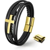 UNIQAL.de Lederarmband HEAVEN – Kreuzarmband aus Edelstahl, Symbol für Glaube & Stärke (Edelstahl, Echtleder, Casual Style, Magnetverschluss mit Verlängerungsglied), Premium Qualität, Männerschmuck, Geschenkidee