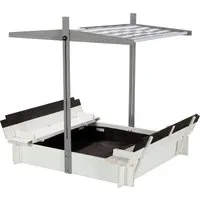 WONDERMAKE Sandkasten mit Abdeckung Dach Deckel Sitzbank Boden Bank, Sandkiste Holz Kinder, quadratisch verschließbar Outdoor Garten, 120x120 cm UV, grau schwarz