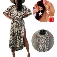 MOPUEA Strandkleid Leopard Kaftan Maxikleid Strandtunika mit Gürtel inklusive Ohrringe (Kaftan Maxikleid mit Gürtel aus Viskose, Luftiger Strand Kaftan in Einheitsgröße mit Animal Print) 100 Prozent Viskose locker leicht atmungsaktiv mit Gürtel