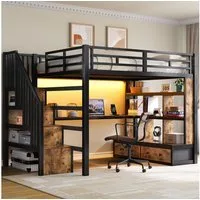 Merax Hochbett 140x200cm mit LED-Beleuchtung (Metallbett Jugendbett Loftbett, 1-St) Kinderbett mit 2 Schubladen, Schreibtisch, Regalen & Stauraumtreppe