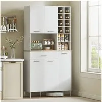 HOMCOM Küchenbuffet Schrank mit Weinregal, Schublade, verstellbaren Einlegeböden (Buffetschrank, 1-St., Hochschrank) Moderner Vorratsschrank, Weiß, 90 x 35 x 183 cm