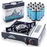 TOM Gaskocher Campingkocher Edelstahl mit 227g Gaskartuschen und Box 2,2kW, (13-St), Piezozündung, Stufenlos Regulierbar, verschiedene Sets