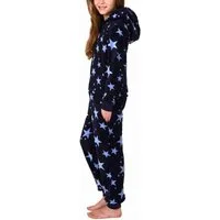 Normann Pyjama Damen Jumpsuit Overall mit Kapuze im Sternen Look aus Coralfleece