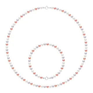 Das Set Halskette/Armband besteht aus: Halskette aus echten Süßwasser-Zuchtperlen, rund 4–5 mm