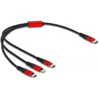 USB Ladekabel, USB-C Stecker > Micro-USB + USB-C + Lightning Stecker schwarz/rot, 30cm, gesleevt, nur Ladefunktion
