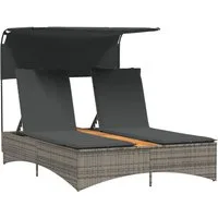vidaXL Gartenliege Doppel-Sonnenliege mit Dach und Auflagen Grau Poly Rattan, 1 St.