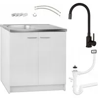 STAMAR Spülenschrank Küchenunterschrank 80 cm Weiß Spüle Armatur Schwarz flexibel Set Unterschrank stehend Edelstahl Spülbecken Wasserhahn Brause Deante
