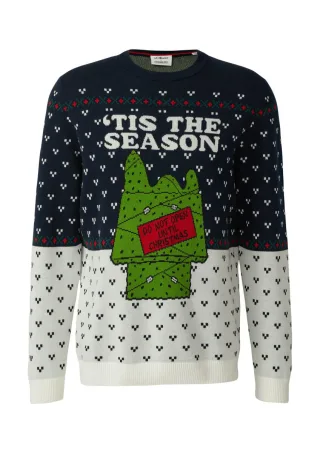 s.Oliver Red Label - Weihnachtspullover aus reiner Baumwolle mit Peanuts-Motiv blau/grün/weiß - Gr. - M