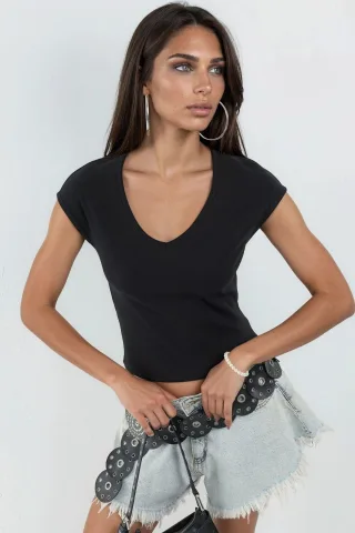 V-Ausschnitt Ripp-Bluse