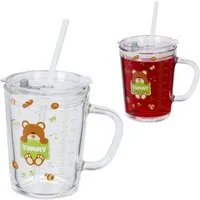 relaxdays Kinderbecher 2er Set Kindergläser mit Bärenmotiv, Glas