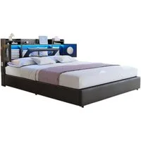 FUROKOY Stauraumbett Polsterbett Doppelbett mit LED-Beleuchtung (Aufklappbares Kopfteil mit Stauraum und Ladeanschluss), Hydraulikbett Funktionsbett, PU, Schwarz, 140x200cm