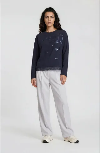 Milano Italy - round neck sweatshirt 1/1 sleeve + lace at hem navy - Gr. - S
