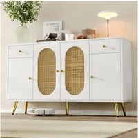 Flieks Kommode mit 2 Schubladen, Rattan-Türen und verstellbarer Einlegeböden Weiß (Schrank für Wohnzimmer, Schlafzimmer und Esszimmer, 1 St., B140 x T35 x H82 cm), Sideboard Mehrzweckschrank mit goldenen Metallgriffen & Metallbeinen