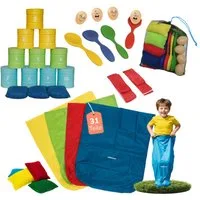 alldoro Spiel XL Kinderparty-Set, 31 Teile, Dosenwerfen, Sackhüpfen, Eierlauf & mehr, 5 Spiele für Kindergeburtstag, drinnen & draußen, Kinder ab 3 Jahre