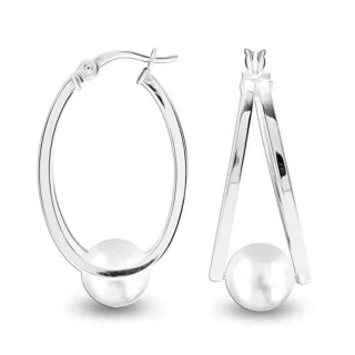 Damen Ovale Creolen mit Weißen Perlen, 925 Sterlingsilber BIPE030