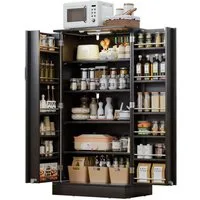 Yorbay Mehrzweckschrank Küchenschrank mit LED-Sensorlicht & höhenverstellbaren Regalen Freistehender Vorratsschrank mit Doppeltüren für Küche & Wohnzimmer