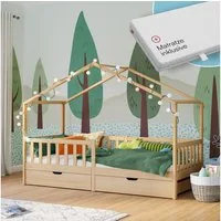 Bellabino Kinderbett Bia mit Rausfallschutz & Lattenrost (natur, mit zwei Schubladen und Matratze), Kinderbett aus Kiefernholz, verfügbar in 80x160/90/120/140x200 cm