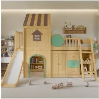 Flieks Hochbett Kinderbett 90x200cm Hausdesign mit Rutsche & Leiter, Schubladenschrank