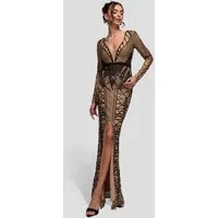 Goddiva Maxikleid Geometric Sequin Plunge Maxi Langes Kleid, Pailetten, Schulterpolster