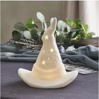 Lights4fun LED-Dekofigur Porzellan LED-Hexenhut Deko mit Timer