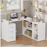 Homfa Schreibtisch mit Steckdose L-förmiger Computertisch, Eckschreibtisch mit Schubladen, mit Stauraum, Verstellbare Regale, 129x104 cm, Weiß