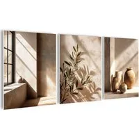 artissimo Mehrteilige Bilder Wandbilder-Set 3er-Set / Japandi Wanddeko / Wohnzimmer, Stillleben: Vasen und Olivenzweig in beige braun