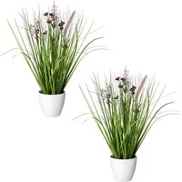 Kunstgras Blüten-Gras-Mix, Creativ green, Höhe 41 cm, in weißer Kunststoffschale