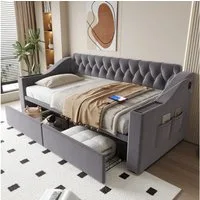 Merax Daybett 90x190cm mit USB-Ladeanschluss und Metallrahmen (Sofabett Jugendbett Einzelbett Tagesbett aus Samt, 1 tlg), Polsterbett Schlafsofa mit Seitentaschen Schubladen Ablagen & Stauraum