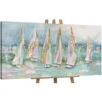 YS-Art Gemälde Segelboote, Meer, Leinwand Bild Handgemalt Segelboote am Meer Türkis Gold