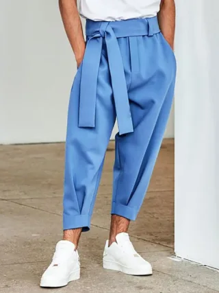INCERUN Men Pants Fashion Solid Color Bow Knot Trousers Men Streetwear Elastic Waist Harem Pants