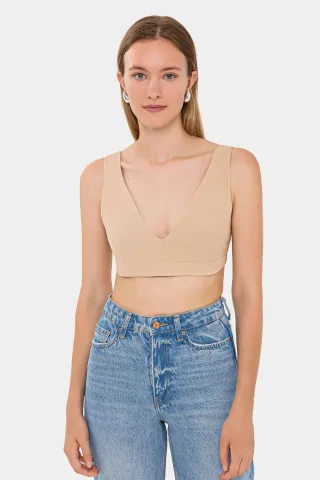 V-Ausschnitt Ärmelloses Gewebtes Cropped Top