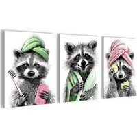Novart Wandbild Wandbilder Set Frau im Badezimmer Lustige Toiletten Bilder, Waschbär