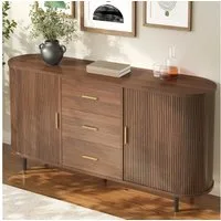 BlingBin Sideboard Schubladenschrank Anrichte Kommode Abgerundetes (2 Packung, 1 St., mit 3 Schubladen,Lamellen-Schiebetüren und verstellbaren Einlegeböden), 160x40x80,5 cm,für Wohnzimmer & Essbereich