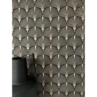 Newroom Vliestapete Elwin Black Tapete Mustertapete Fächer,Ornamente,Glänzend, Schwarz Tapete Modern Fächer - Mustertapete Retro Gold Vintage Glamour Ornamente Glänzend für Schlafzimmer Wohnzimmer Küche, Retro
