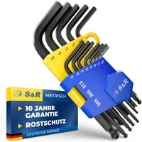 S&R Winkelschlüssel Innensechskantschlüssel mit Kugelkopf, Cr-V Stahl gehärtet, kurz, (Set, 13-tlg, 1,27 bis 10 mm), Sechskantschlüssel im Halter ideales kompaktes Fahrrad Werkzeug Set