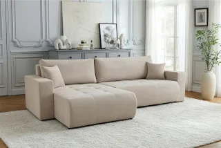 Ecksofa Schlafsofa Sofa ARMARI in Stoff Wind Beige Ottomane Rechts