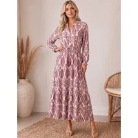 Kendindza Collection Maxikleid Sommerkleid Damen Lang Viskose Elegantes Sommer Kleid lang Maxi Kleid Ikat-Print Knopfleiste & Schnurbund, Luftig Leicht