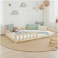 Homestyle4u Kinderbett 90x200 / 120x200 Weiß Natur Holzbett Bodenbett Montessori Kleinkind (Komplett-Set mit Lattenrost, Matratze mit OEKO-TEX® Standard 100), mit Rausfallschutz, wechselseitig