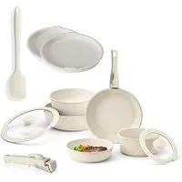 Refined Living Topf-Set 12er Set Töpfe und Pfannen mit abnehmbarem Griff stabil und wackelfrei, (Keramische Antihaft-Pfanne mit Silikonspachtel für einfache Reinigung, 12-tlg., Kochtopf mit Aufbewahrungsdeckel zum einfachen Aufbewahren von Resten), S