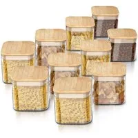 Arendo Aufbewahrungsbecher Glasbehälter-Set 10x 0,8 L Borosilikatglas mit Bambusdeckel, luftdicht, Borosilikatglas, Bambus, Silikon, (Vorratsbehälter-Set, 10-tlg., 10er Set), Hitzebeständig, umweltfreundlich, langlebig, mikrowellengeeignet