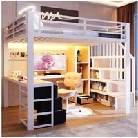 REDOM Hochbett Jugendbett mit Eisenrahmen, Ablagefach, 4 Schubladen (LED-Lichtleiste, Schreibtisch und Stauraumtreppe, Funktionsbett Metallbett, 140 x 200 cm) ohne Matratze