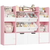 Homfa Spielzeugtruhe Kinderregal mit 2 Schubladen auf Rollen & 4 Boxen Bücherregal, Kinderbücherregal Spiegelregal mit Tür 122x100x30 cm weiß und rosa