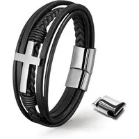 UNIQAL.de Lederarmband HEAVEN – Kreuzarmband aus Edelstahl, Symbol für Glaube & Stärke (Edelstahl, Echtleder, Casual Style, Magnetverschluss mit Verlängerungsglied), Premium Qualität, Männerschmuck, Geschenkidee
