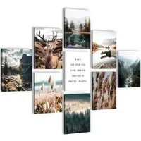 Novart Wandbild Wandbilder Set Wohnzimmer Wald Hirsch Natur Berge