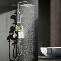 HOMELODY Duschsystem mit 30 cm SUS304 Regendusche und Duschablage, 5 Strahlarten Handbrause, höhenverstellbar, ohne Neubohren, Chrom