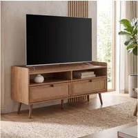 FINEBUY Lowboard FB106345 TV-Board 120cm Kommode Ablage & 2 Schubladen Wiener Geflecht (Eiche Dekor 120 cm, Schublade Stauraum Geflecht), TV-Kommode Hoch, TV-Schrank Modern Fernsehtisch