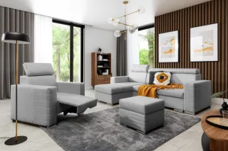 Ecksofa inkl. Hocker und Sessel CANTON Stoff Liverpool Aschgrau Ottomane Links