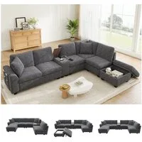 Merax Ecksofa mit USB & Type-C, L-/U-Form Sofa aus Cordstoff, Modulares Ecksofa 311x139x85cm 1 Teile, 6-Sitzer-Sofa mit Ottomane, Mittelkonsole, Getränkehalter & Stauraum