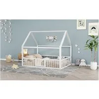 Flieks Kinderbett, Hausbett Metallbett Doppelbett 140x200cm mit Lattenrost, Tür und Zaun