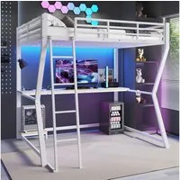Flieks Hochbett LED Metallbett 140x200cm mit Schreibtisch und Aufladenfunktion